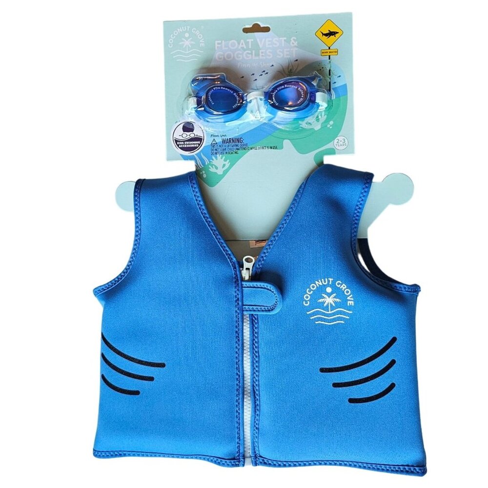 NWT Boys Coconut Grove Shark Float Vest with googles holds 40lbs 2-3yrs